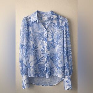 RNWY blue Floral Sheer chiffon button front blouse